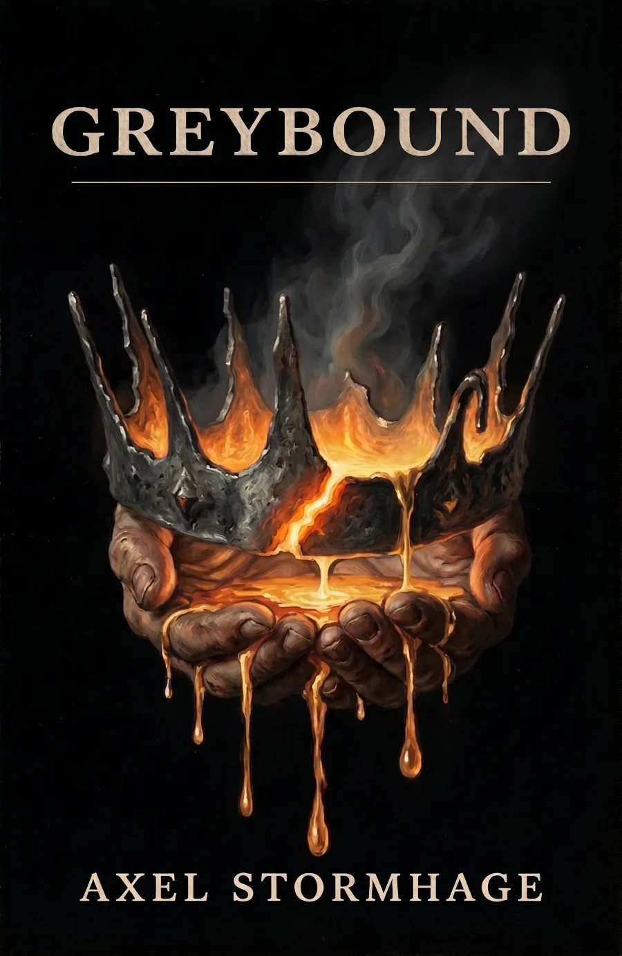 Greybound cover — cupped hands hold a burning iron crown.